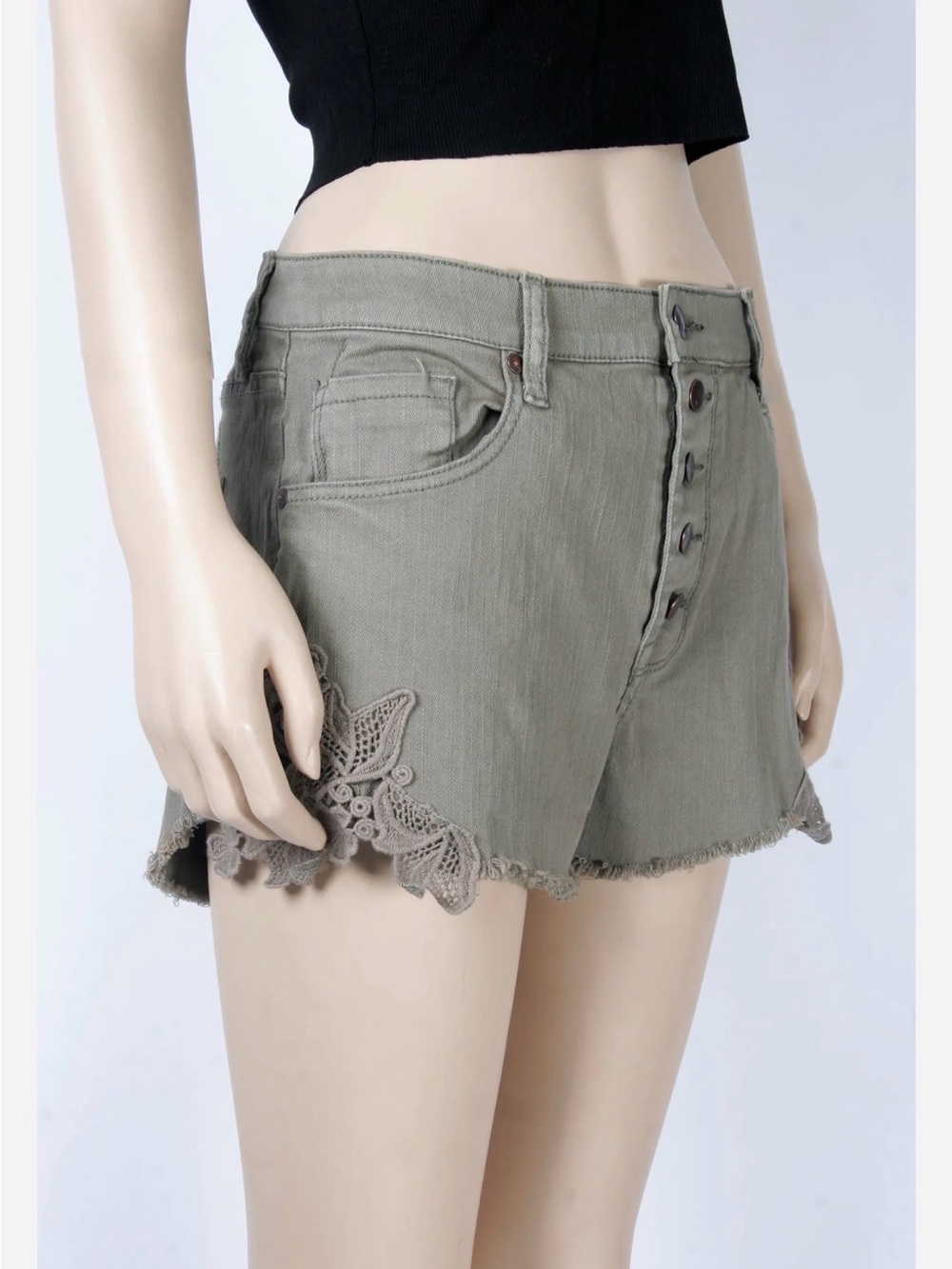 Missimo Woman’s 6 High-Rise Olive Green Women's Denim Shorts Lace Sides Like New